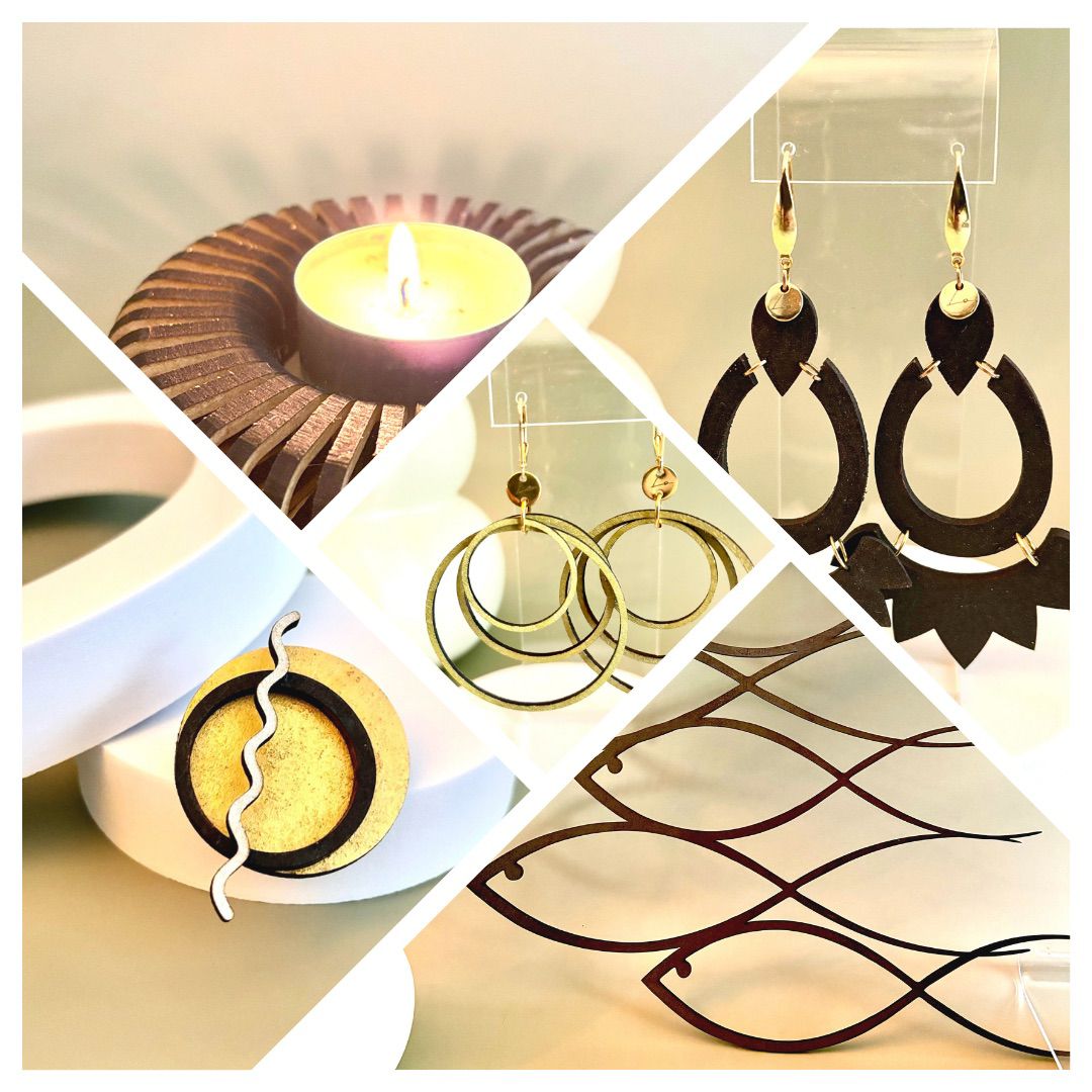 Collage de photo reprenant les produits sur le site (boucles d'oreilles, broches, bougeoir, décoration)